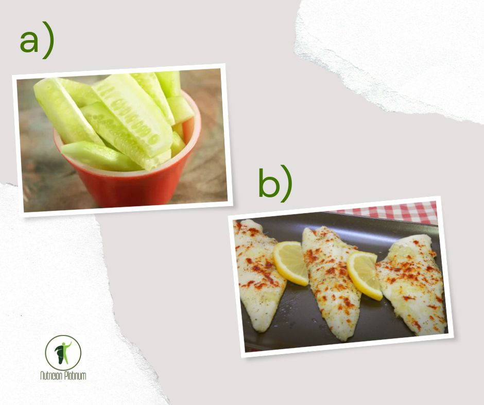 Pepino con sal, aceite y vinagre acompañado de merluza con ajo y limón